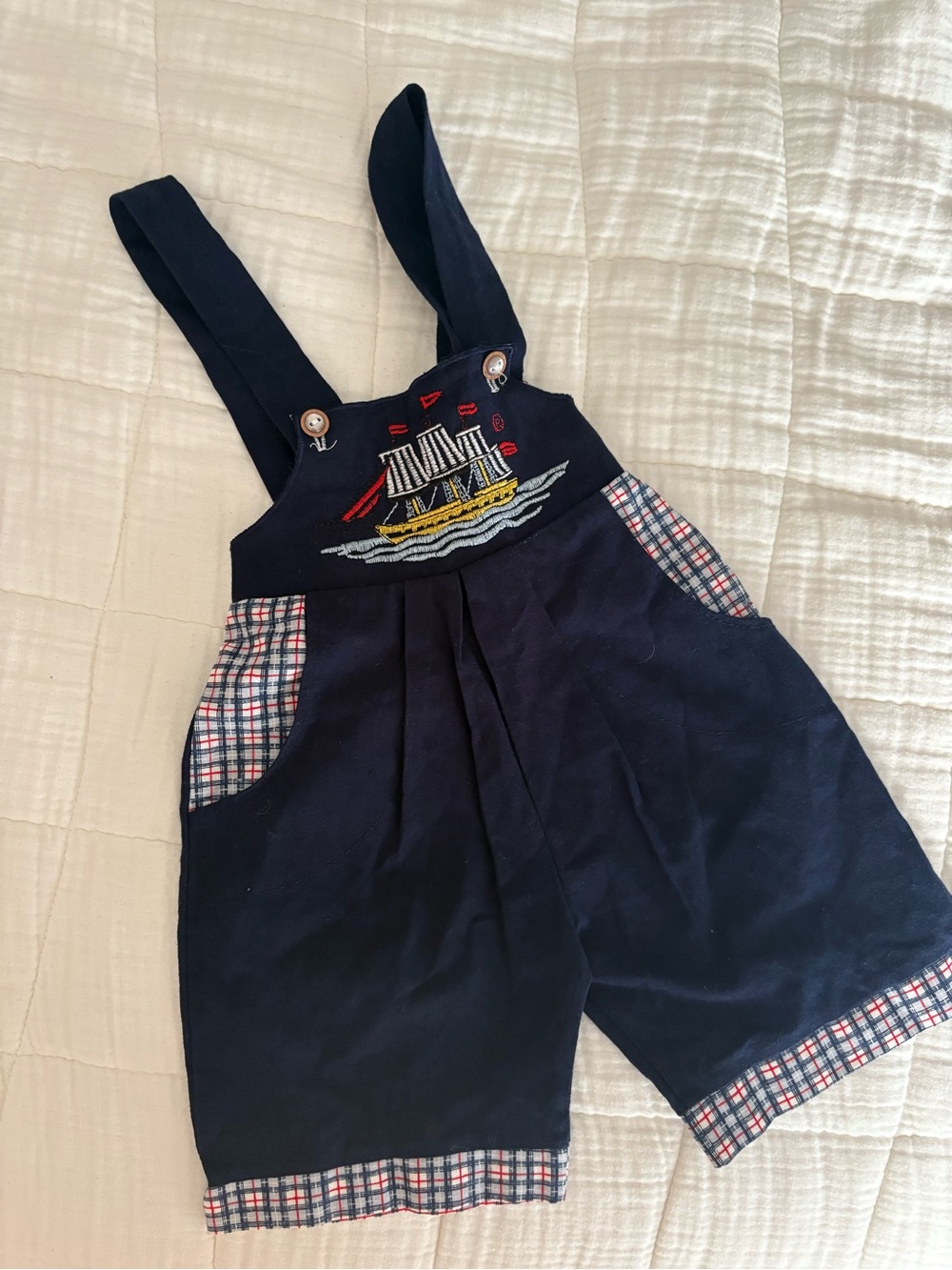 Navy Embroidered Sailboat Overalls for Kids